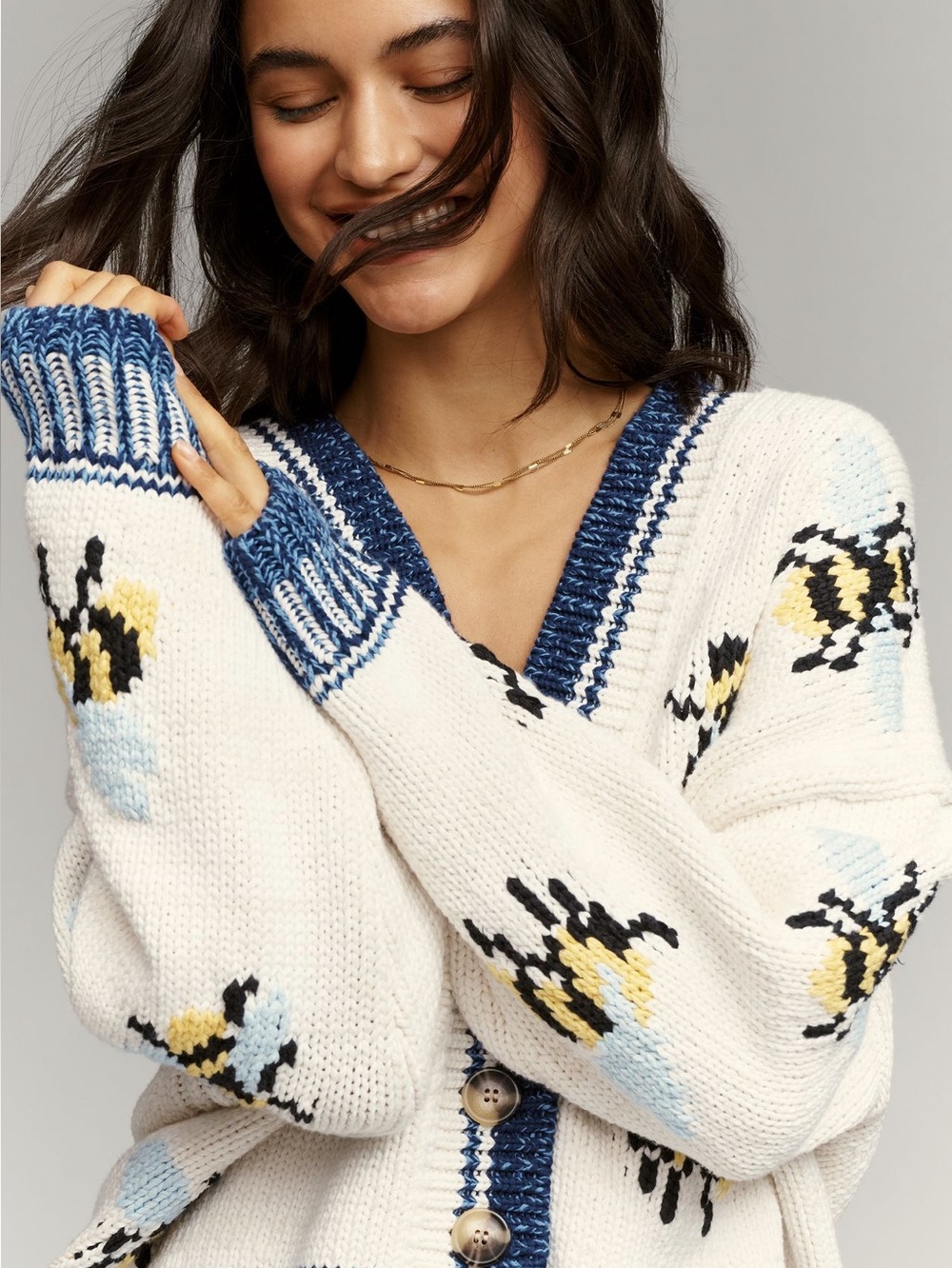 Anthropologie Bee Cardigan Sweater Maeve Icon Chunky New XL Ivory Bumblebee - Picture 3 of 15